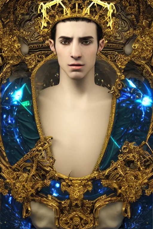 Image similar to full-body baroque and space age style sculpture of a young handsome Spanish android prince with a chest exposing a large glowing blue diamond, glowing yellow laser eyes, crown of white gears and diamonds, swirling green-colored silk fabric, baroque elements. full-length view. intricate artwork by caravaggio. Trending on artstation, octane render, cinematic lighting from the right, hyper realism, octane render, 8k, depth of field, 3D