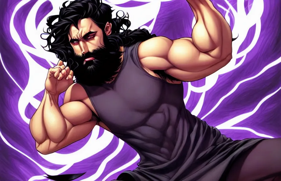 Prompt: a chad with wavy black hair and a beard. muscular. godlike. tank top. using a computer, comic cover art, artgerm, joshua middleton, pretty stella maeve witch doing black magic, serious look, purple dress, symmetrical eyes, symmetrical face, long black hair, full body, twisted evil dark forest in the background, cool colors