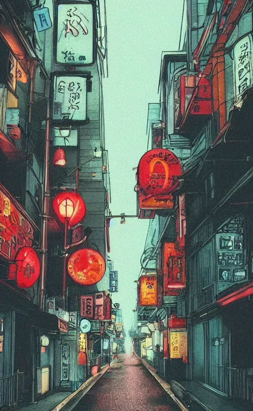 Image similar to night street, rainy day, anime, japan, ghibli, 9 0 s, retro style, aesthetic, chill, room, vintage