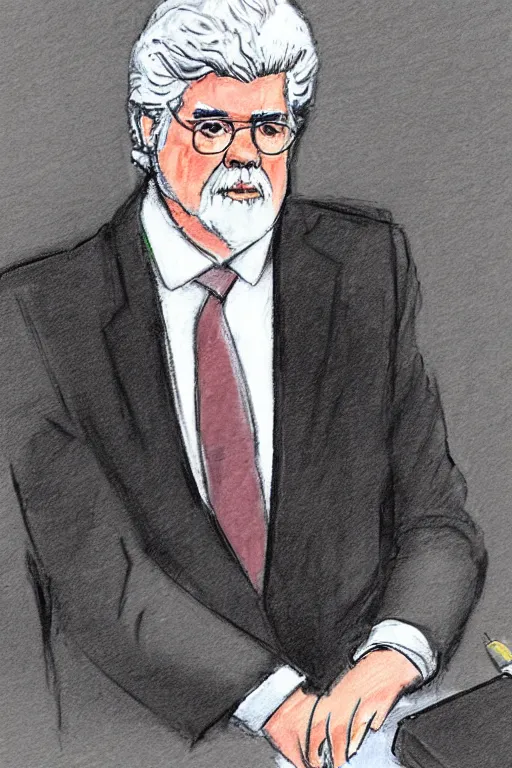 Prompt: courtroom sketch of George Lucas on trial