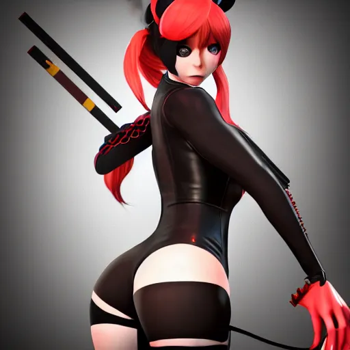 Image similar to portrait of 2B nier automata as harley quinn wearing skintight clothes from behind, trending on artstation, artstationHD, artstationHQ