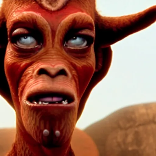 Image similar to film still of jar jar binks as a female cowgirl, long eyeslashes, big juicy lips, big seductive eyes