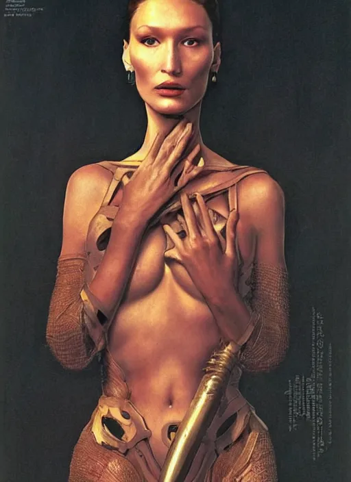 Image similar to upper body portrait of bella hadid as gaius helen mohiam bene gesserit mother in dune 1982, by norman rockwell and jason fabok and tom lovell and frank schoonover and dean cornwell and everett raymond kinstler