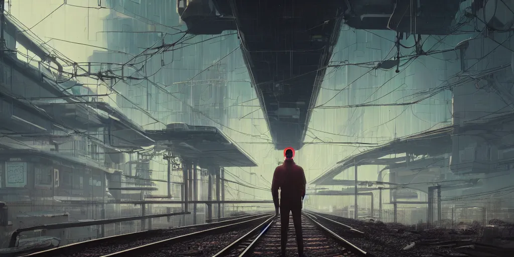 Image similar to a man standing in front of a train on a train track, cyberpunk art by mike winkelmann, trending on cgsociety, retrofuturism, reimagined by industrial light and magic, darksynth, sci - fi