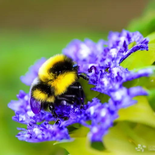 Image similar to a bumble bee made out of flowers sits on a finger, 5 0 mm lens, f 1. 4, sharp focus, ethereal, emotionally evoking, head in focus, volumetric lighting, blur dreamy outdoor,