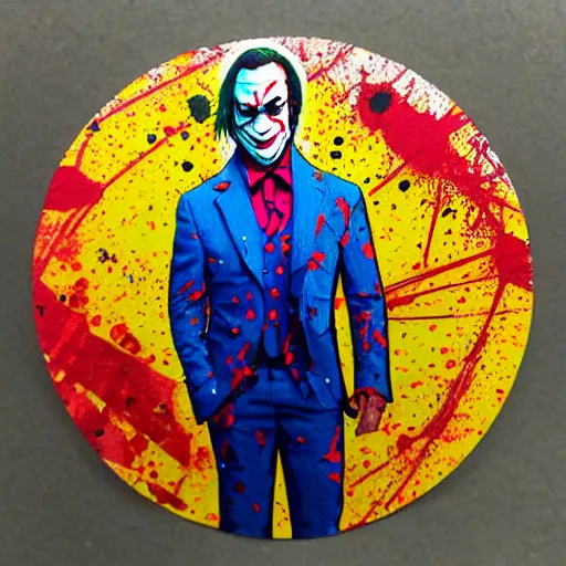 Image similar to die cut sticker, saul goodman wearing the joker suit, splatter paint