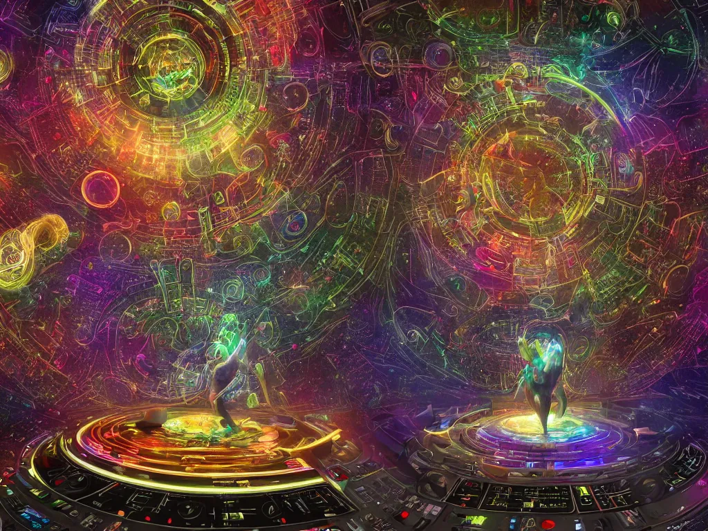 Prompt: an incredible masterpiece of a mystical dj playing a vast array of highly evolved and complex musical technology surrounded by an incredible and complex circular structure in the cosmos, by android jones, octane render, 8 k