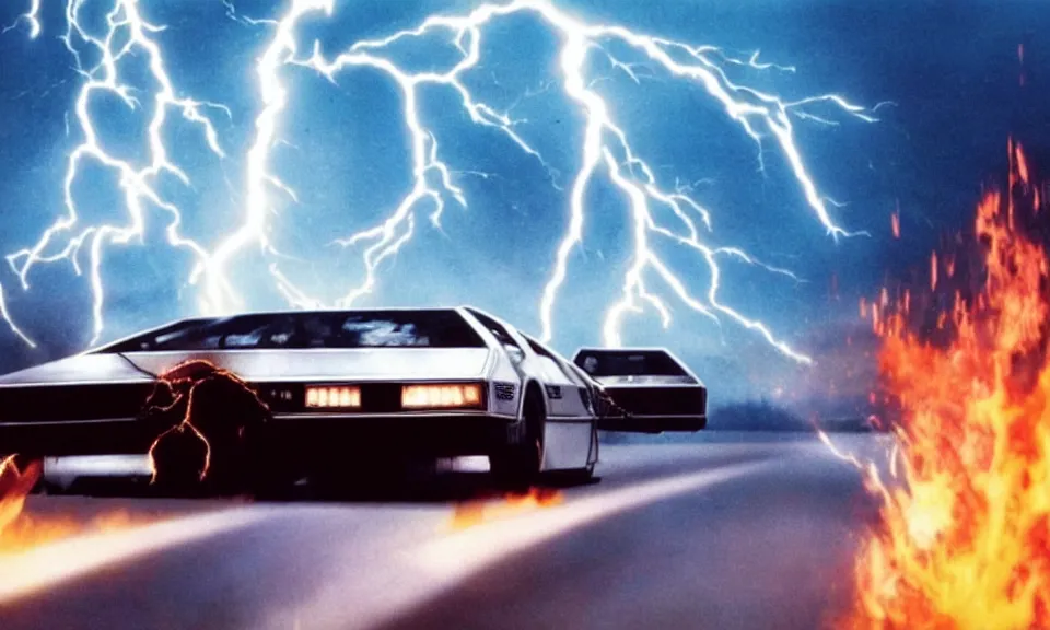 Image similar to scene from back to the future, delorean from back to the future driving very fast, lightning around the car, fire on the road, driving through a portal, motion blur