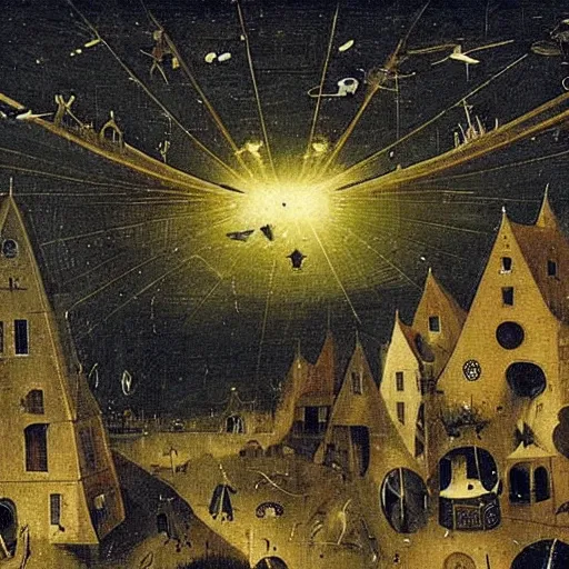 Prompt: ufo fleet over a 1 7 th century european town at night with light beams levitating people in their pajamas painting by hieronymus bosch