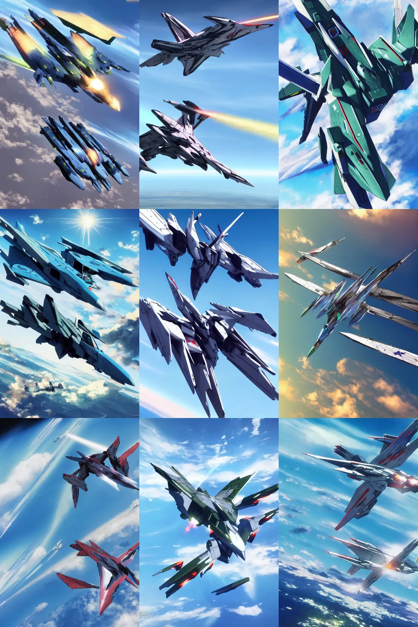 Prompt: An awe inspiring flight shot of a VF25 Messiah in Fighter Mode from Macross Frontier soaring through the air on a sunny day with a clear blue sky, anime, Macross Franchise, Macross Frontier, Valkyrie Fighter Jet, sci-fi anime, 3D CGI, mecha anime, mecha
