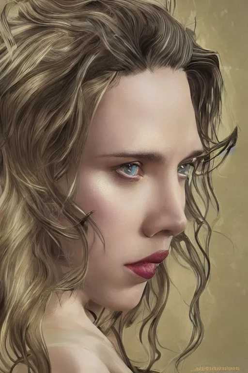 Prompt: portrait of scarlett johansson, long hair, fantasy, elegant, intricate, full frontal shot, highly detailed, digital painting, artstation, concept art, sharp focus, illustration, art by artgerm and greg rutkowski and alphonse mucha