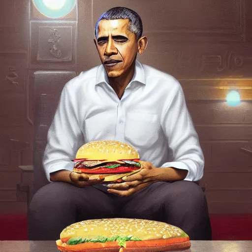 Image similar to barrack obama eating a cheese burger sitting on the iron throne, highly detailed, digital painting, artstation, concept art, global illumination, ray tracing smooth, sharp focus, illustration, art by artgerm and greg rutkowski and makoto shinkai, jeremy lipkin