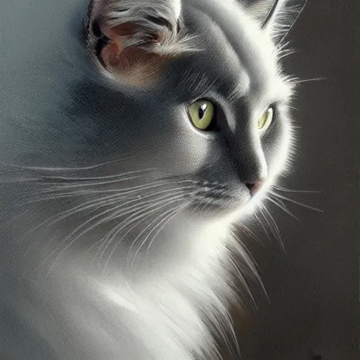 Image similar to a big indifferent looking dark grey cat with white belly, white paws and white face markings with long fur and fluffy tail sitting, intricate, elegant, highly detailed, digital painting, artstation, concept art, matte, sharp focus, illustration, art by Artgerm and Greg Rutkowski and Alphonse Mucha