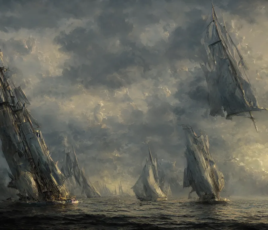 Prompt: a beautiful painting of a solo monstrous sail ship anchored at harbor, by craig mullins, by federic edwin church, by brom, by ghibli, trending on artstation, beastly, predator, organic, masterpiece, hyper detailed, prismatic, intricate, multiple angles, unreal engine, 4 k