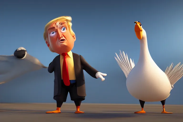 Prompt: still from a Pixar movie of Donald Trump as a Goose, high quality 3d render, movie, Pixar, Renderman, 4k, artstation