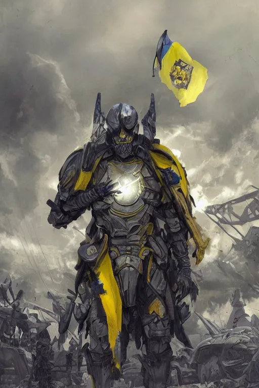 Image similar to a full body shot from distance of a super soldier with a Ukrainian blue and yellow stripes flag standing in the beam of light from the clouds on a pile of skulls and rotten cars as a winner, masculine figure, D&D, fantasy, intricate, elegant, highly detailed, digital painting, artstation, concept art, matte, sharp focus, symmetrical, illustration, hyperrealistic, art by Artgerm and Greg Rutkowski and Alphonse Mucha