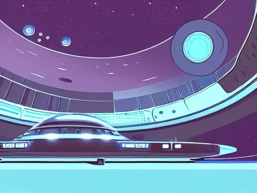 Image similar to a scifi illustration, hyper detailed external view of a starship docked at a planetary base. cinematic wide angle composition. flat colors, limited palette in FANTASTIC PLANET La planète sauvage animation by René Laloux
