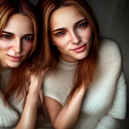 Prompt: intricate beautiful hyperreal portrait of identical twin women, smiling softly, casual clothes, relaxing on the couch, home interior, golden hour, close up shot, 8 k, art by irakli nadar, hyperrealism, hyperdetailed, ultra realistic