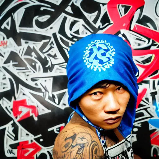 Prompt: crips gang member with batik bandana and parang rusak logo in their graffiti hood - realistic - photorealistic - hd - trending hood photos of the year - ilustrator - detailed - realistic image - people - hood - hd