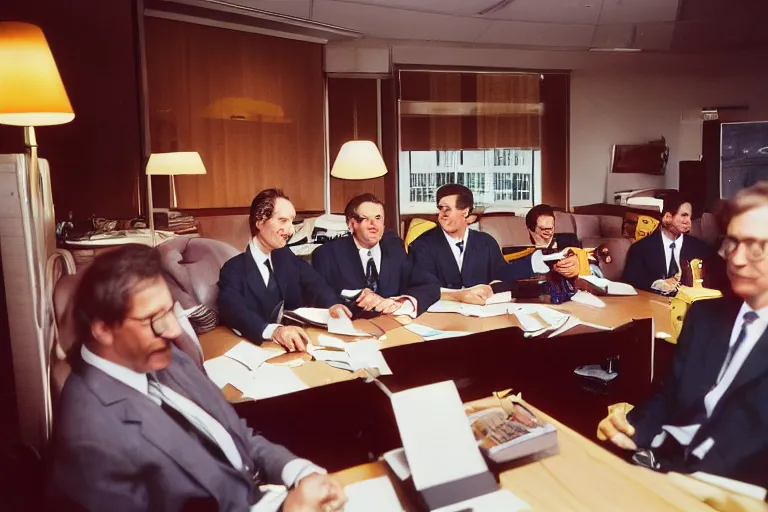 Prompt: Ronald McDonald sat at the desk of a corporate board meeting, surrounded by men in suits, award winning photograph, nikon, 24mm focal length, f/8, fuji velvia, business photography