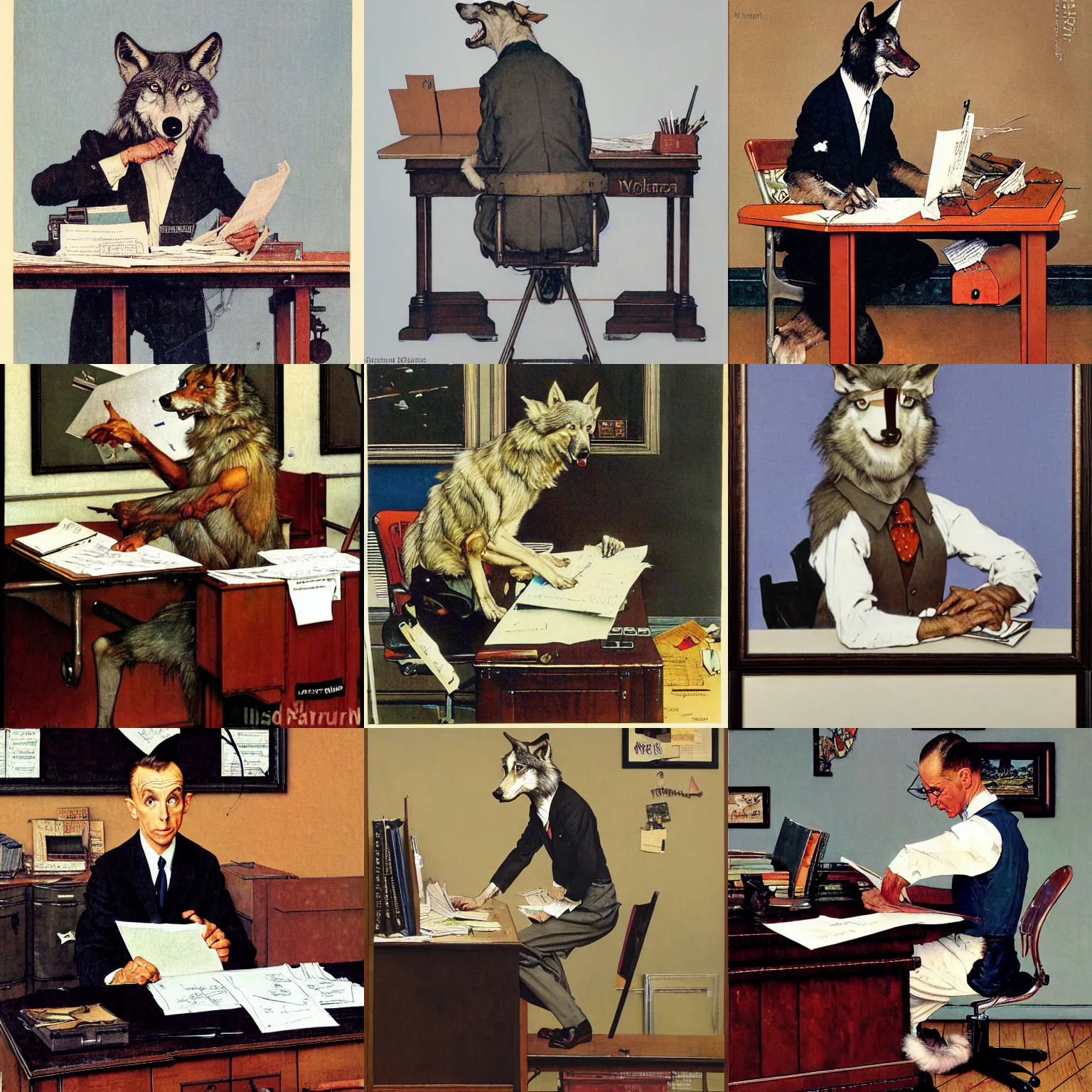 Prompt: norman rockwell painting of an anthropomorphic wolf wearing a suit sitting at a desk doing paperwork, furry art, furry wolf, norman rockwell, dynamic pose