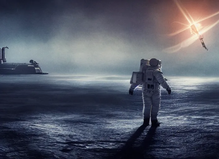 Image similar to astronaut holding a flag in an underwater desert. a submarine is visible in the distance. dark, concept art, cinematic, dramatic, atmospheric, 8 k, trending on artstation, blue, fish, low visibility, fog, ocean floor, christopher nolan, interstellar