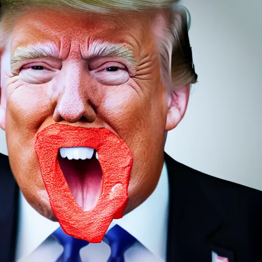 Image similar to candid portrait photo of president trump at his desk shoving crumpled papers into his mouth, chewing paper, eating paper, detailed portrait, 4 k, megapixel, sony a 7 s, f / 8, 2 4 mm lens