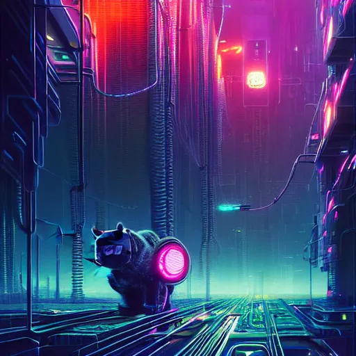 Image similar to cats cyborg inside an scifi tentacles wires futuristic city, beautiful neon cats, cinematic, highly detailed, photorealistic, rich bright colors, trending on artstation, giger, tsutomu nihei, trending on cgsociety, awe inspiring bruce pennington cityscape, digital art painting of 1 9 6 0 s