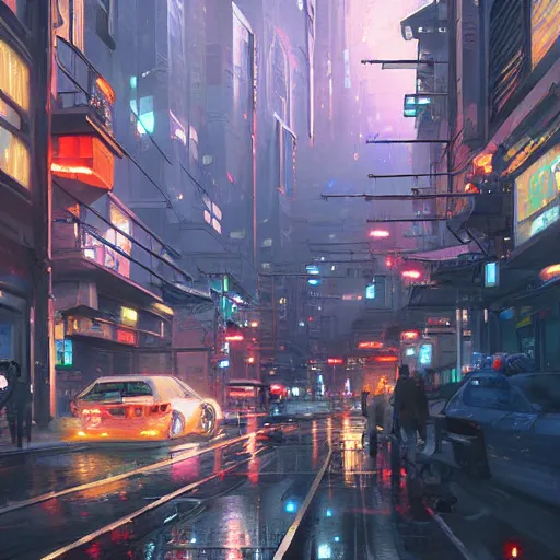 Image similar to A ultra detailed beautiful painting of a cyberpunk city street, oil panting, high resolution 4K, by Ilya Kuvshinov, Greg Rutkowski and Makoto Shinkai