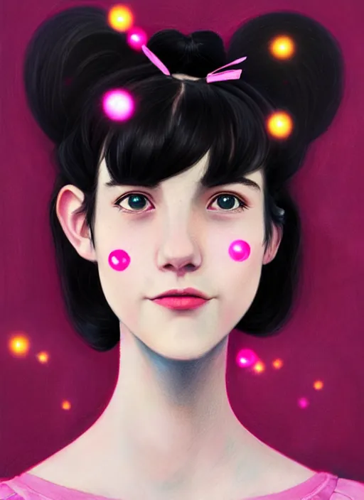 Image similar to portrait of high school girl, realistic, black hair, bangs, half updo hairstyle, pointy nose, skinny, smile, ugly, defined jawline, big chin, pink hair bow, earrings, intricate, elegant, glowing lights, highly detailed, digital painting, artstation, sharp focus, illustration, art by wlop, mars ravelo and greg rutkowski