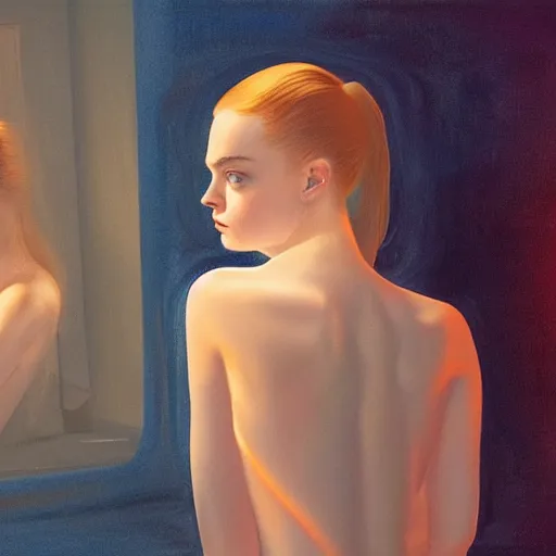 Prompt: Elle Fanning gazing in a mirror, pitch black room, extremely detailed masterpiece, oil on canvas, low-key neon lighting, artstation, Blade Runner 2049, Roger Deakin’s cinematography, by J. C. Leyendecker and Peter Paul Rubens,