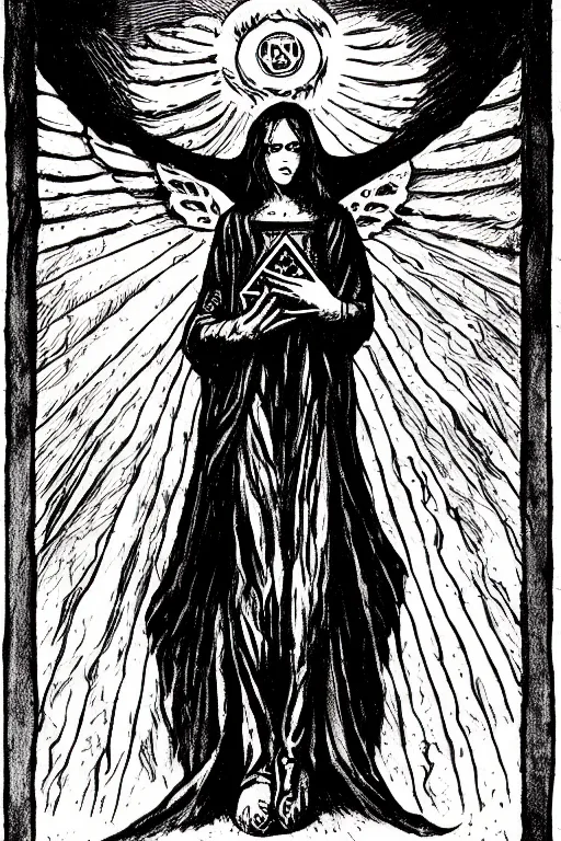 Image similar to dark angel holding a book of necronomicon, tarot card, illustration by aleister crowley, symmetrical, cinematic, sharp focus, 4 k, ultra hd, sense of awe, sinister demonic atmosphere, dreadful, forbidden knowledge, old gods. demonology