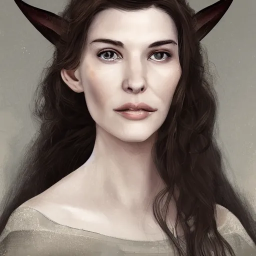 Image similar to 8 5 mm f 1. 8 portrait of a girl that is a mixture between liv tyler and carice van houten, she is about 2 5 years old, long curly hair, very tall and slender, she is wearing a elven robe, highly detailed, digital painting, artstation, concept art, smooth, sharp foccus ilustration, artstation hq