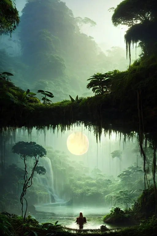 Image similar to photography of a highly detailed and very beautiful jungle landscape with photorealistic waterfalls. three big moons in the sky. the sky is full of stars. greg rutkowski, zabrocki, karlkka, jayison devadas, intricate, artstation, 8 k, unreal engine 5
