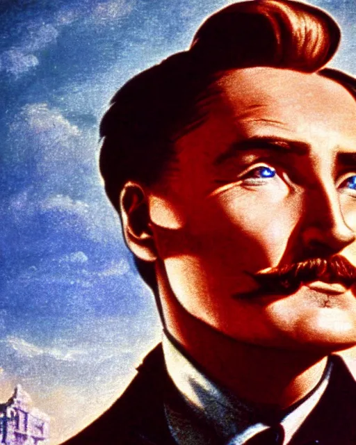 Image similar to Errol Flynn as a scientist. 1980s dystopian Soviet Russia, propaganda screens. Unreal engine, fantasy art by Jean-François Millet. Faithfully depicted facial expression, perfect anatomy global illumination, radiant light, detailed and intricate environment