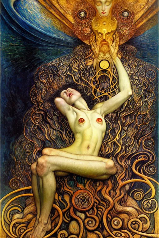 Image similar to Divine Chaos Engine by Karol Bak, Jean Delville, William Blake, Gustav Klimt, and Vincent Van Gogh, symbolist, visionary