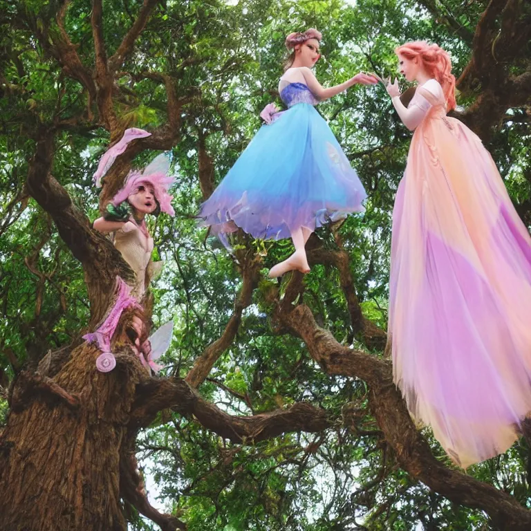 Prompt: a fairy and a disney princess having a conversation on top of a tall tree, aesthetic, pastel style, pastel coloring, beautiful angle