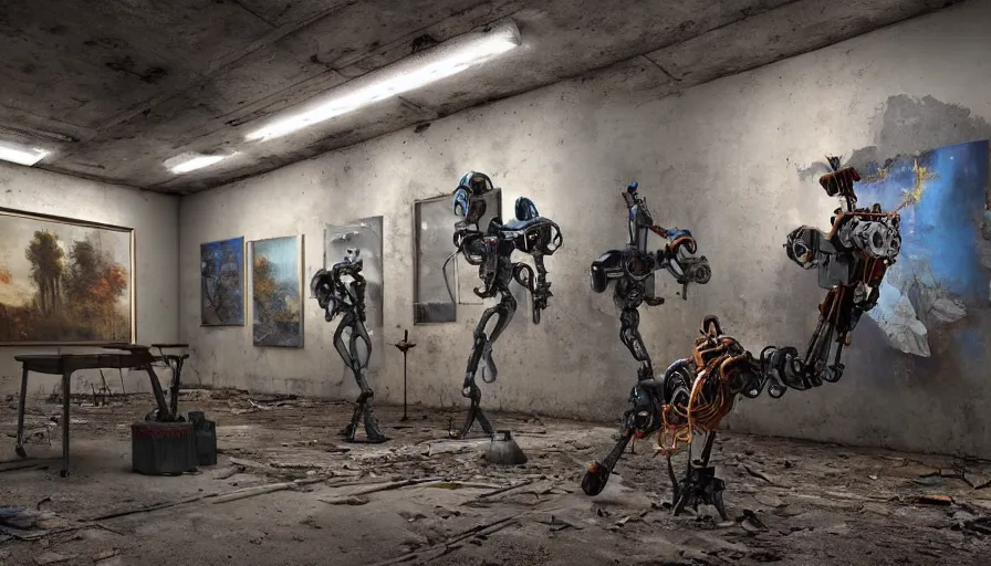 Image similar to robots in an abandoned decrepit art gallery, photos of natural landscapes on walls, robots stand in front of landscape paintings, robots holding paintbrushes and easels, landscape paintings on canvas, 4 k, dramatic lighting, cinematic lighting, robot painter, canvases