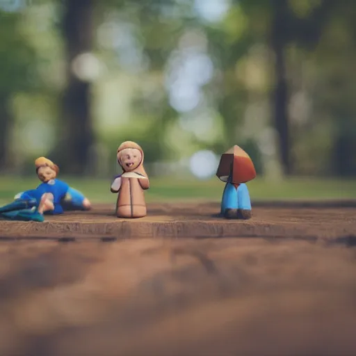 Image similar to a family made out of wood sit in a park 5 0 mm lens, f 1. 4, sharp focus, ethereal, emotionally evoking, head in focus, volumetric lighting, 8 k