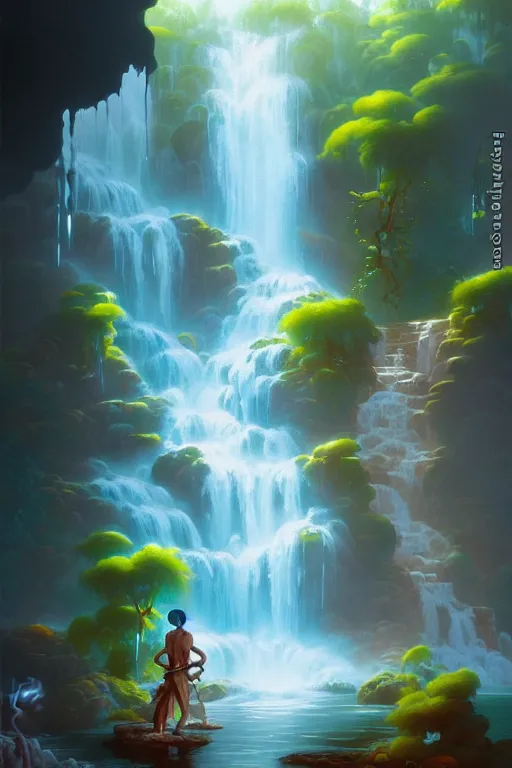 Prompt: water faucet person dnd character with a waterfall behind them by peter mohrbacher, basquiat