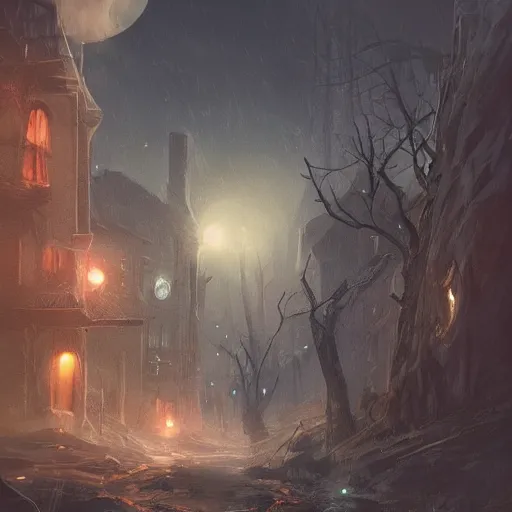 Image similar to this place is truly beautiful and the atmosphere is buzzing the town lights are glowing particularly brightly tonight but I cant stop feeling this ominous presence something is behind us, trending on artstation,