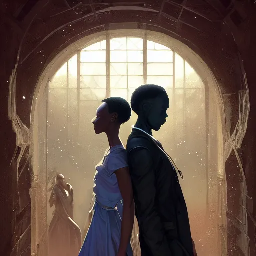 Image similar to symmetry!! highly detailed portrait of a black couple entering the void, stephen bliss, unreal engine, fantasy art by greg rutkowski, loish, rhads, ferdinand knab, makoto shinkai and lois van baarle, ilya kuvshinov, rossdraws, tom bagshaw, global illumination, radiant light, detailed and intricate environment