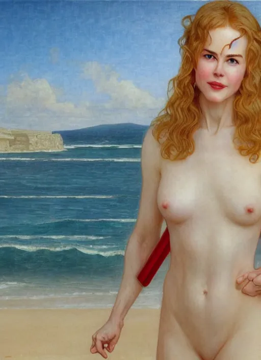 Prompt: portrait Nicole Kidman as sea lifeguard on the beach, full length shot, shining, 8k highly detailed, sharp focus, illustration, art by artgerm, mucha, bouguereau