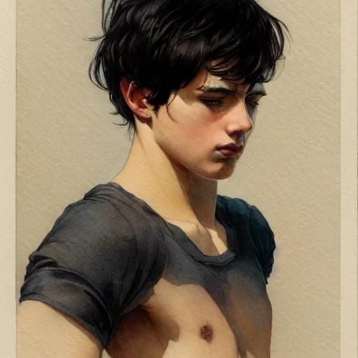 Prompt: young boy, black hair, light muscles, gorgeous, amazing, delicate, elegant, intricate, highly detailed, watercolor, portrait, artstation, concept art, sharp focus, illustration, art by artherm and greg rutkowski and alphonse mucha