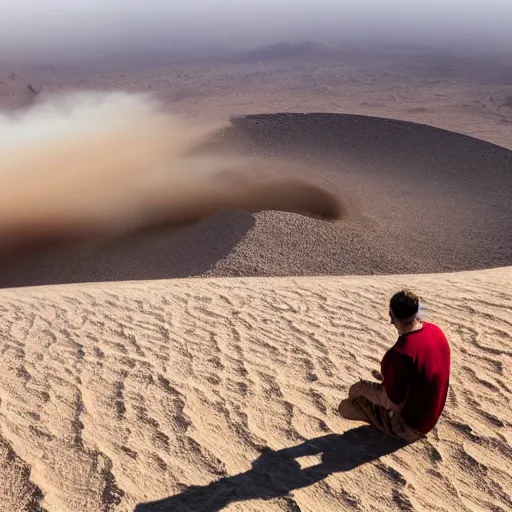 Prompt: man sitting on top peak mountain looking at huge vast sandstorm dust tornado desert