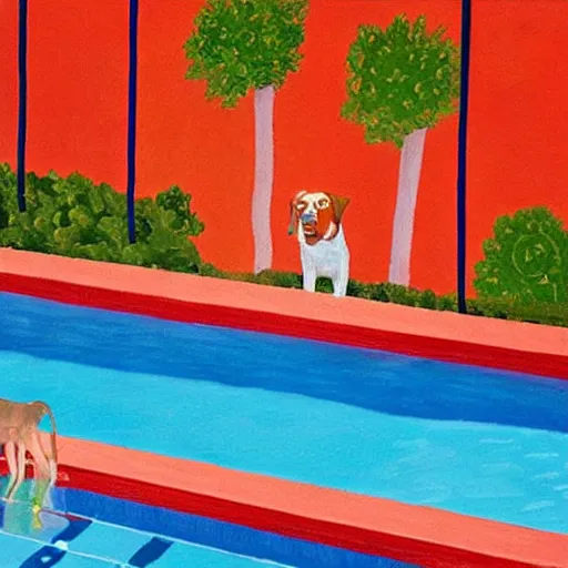 Prompt: close-up of a red dog at pool, painting by david hockney