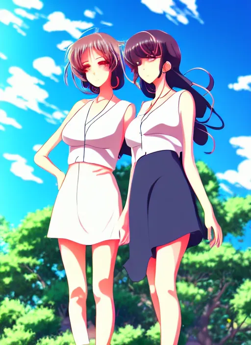 Image similar to two beautiful mature women under a blue sky, casual summer clothes, gorgeous faces, thick lines, cinematic lighting, detailed anime art