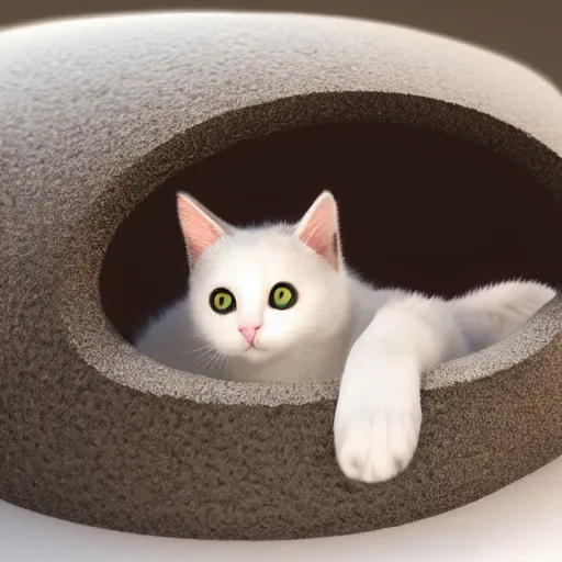 Prompt: cute cat peeking its head out an igloo, close up render
