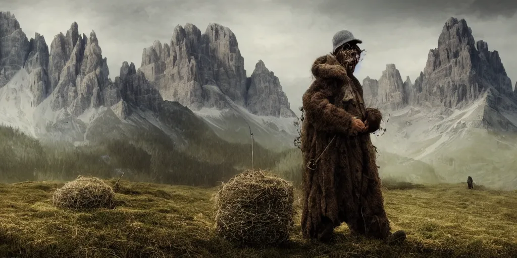 Prompt: alpine farmer transforming into a monster ,roots and hay coat, dolomites in background, dark, eerie, despair, portrait photography, artstation, digital art, concept art, artstation, highly detailed, sharp focus, by caravaggio