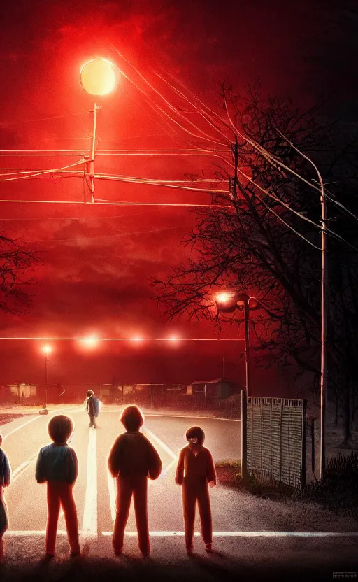 Image similar to stranger things inspired wallpaper, red ambience, at night, creepy over the street in the background, dynamic lighting, photorealistic fantasy concept art, trending on art station, stunning visuals, creative, cinematic, ultra detailed